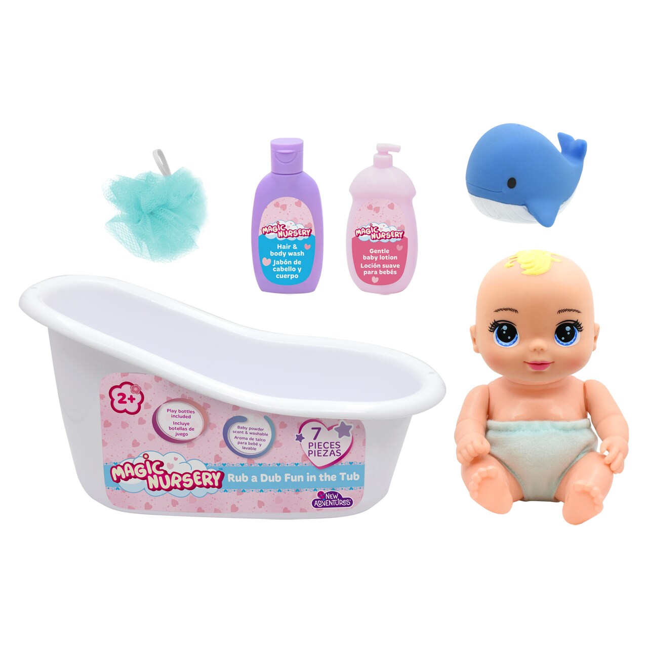 Magic Nursery 8" Rub a Dub Fun In The Tub - 8" Hardbody Baby Doll With Bath Accessories, Posable, Fresh Powder Scent